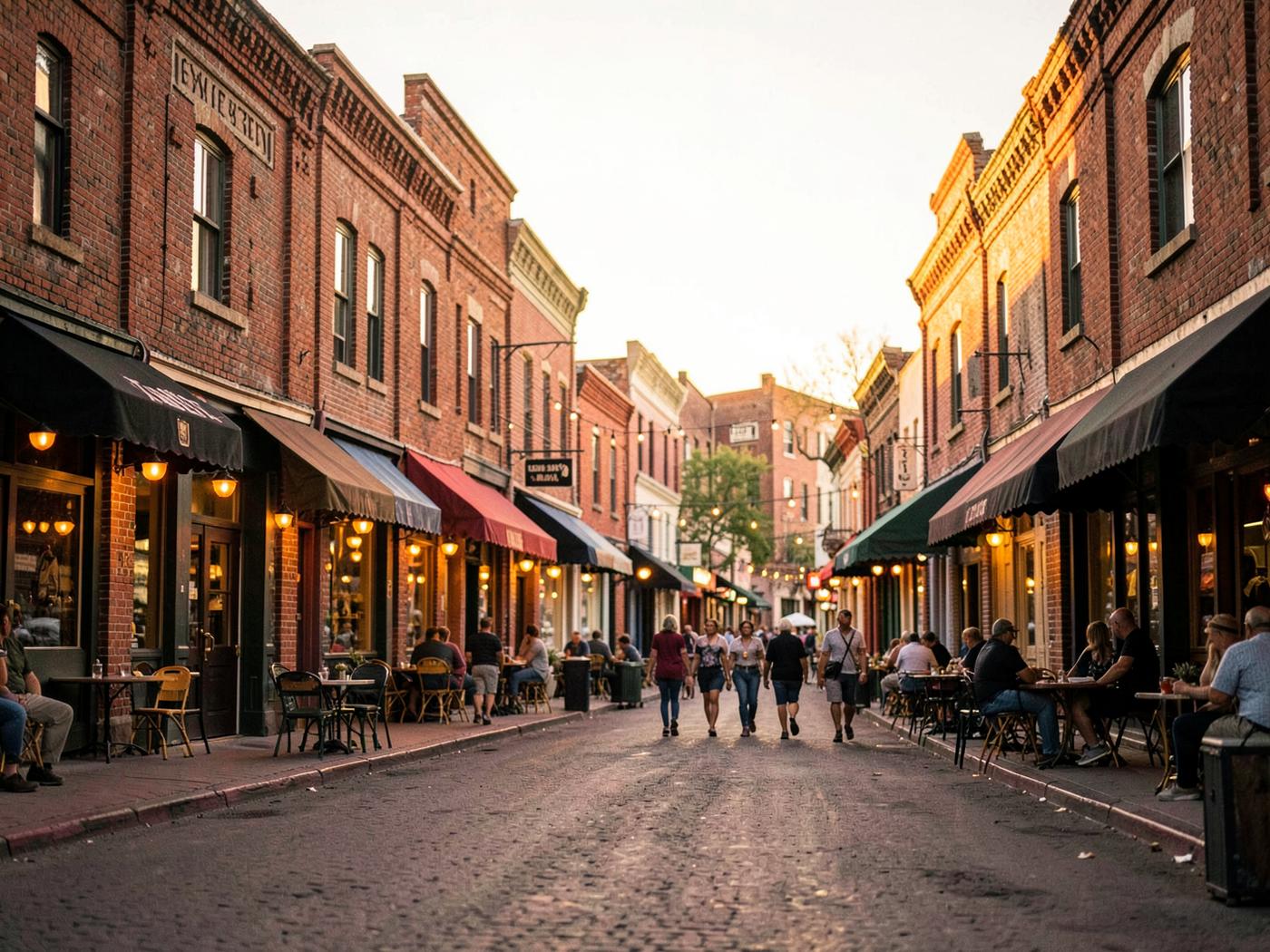 A historic small-town square with brick storefronts at golden hour.
