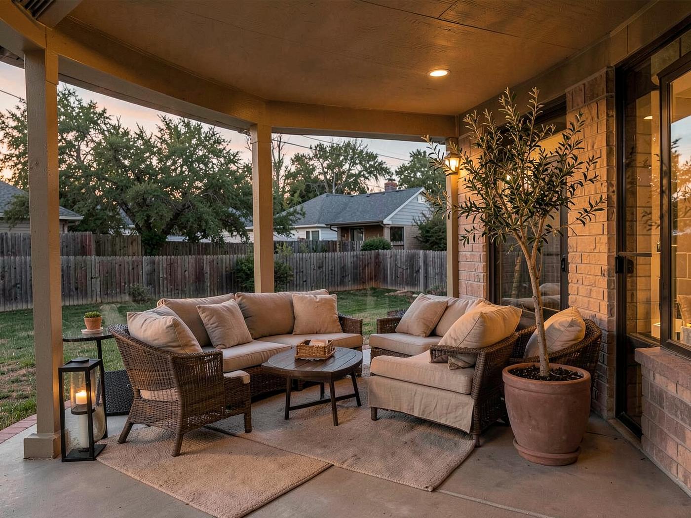 A covered patio with linen cushions and an olive tree at dusk.