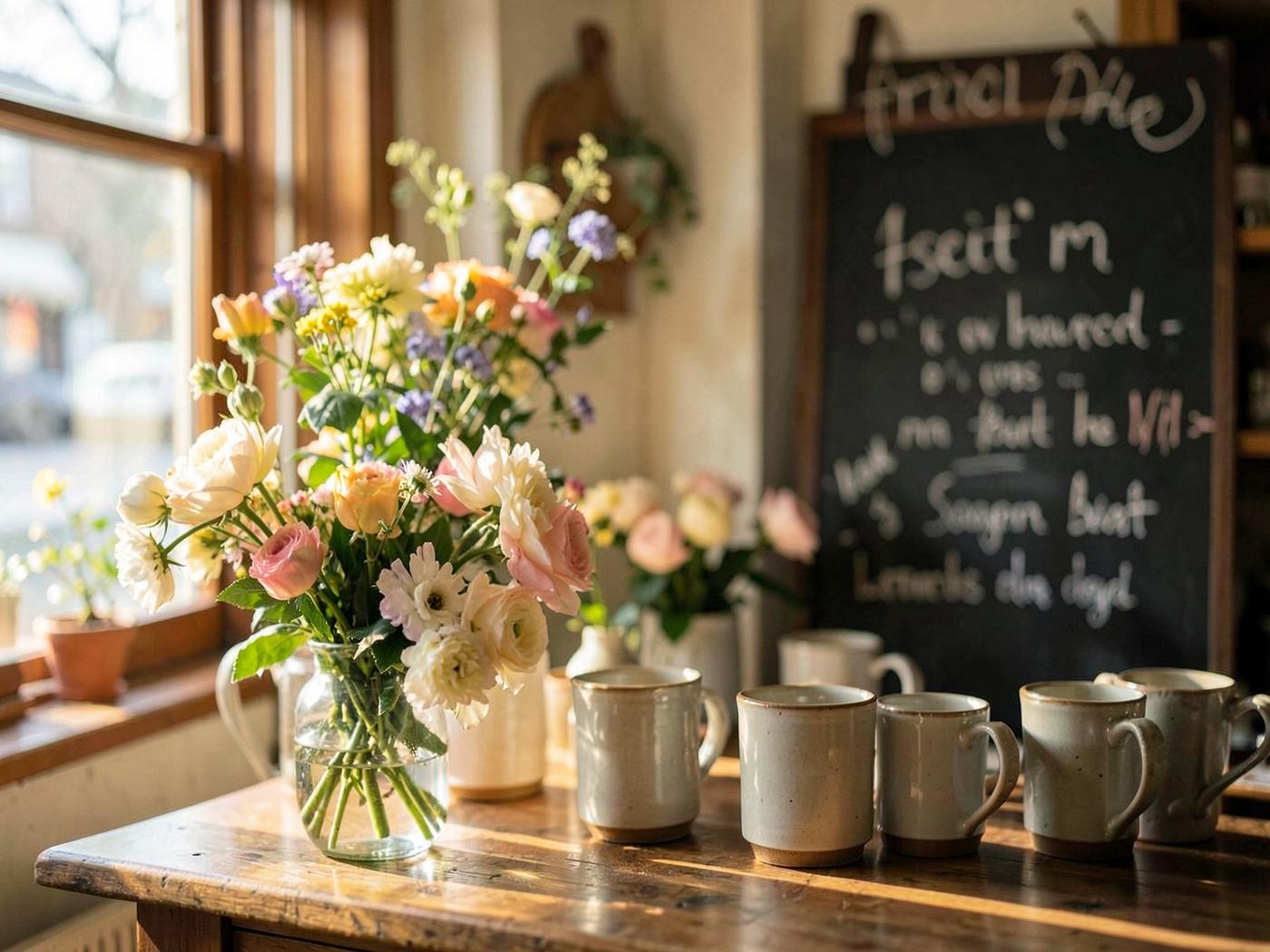 Flowers and handmade mugs on a small shop counter in morning light.