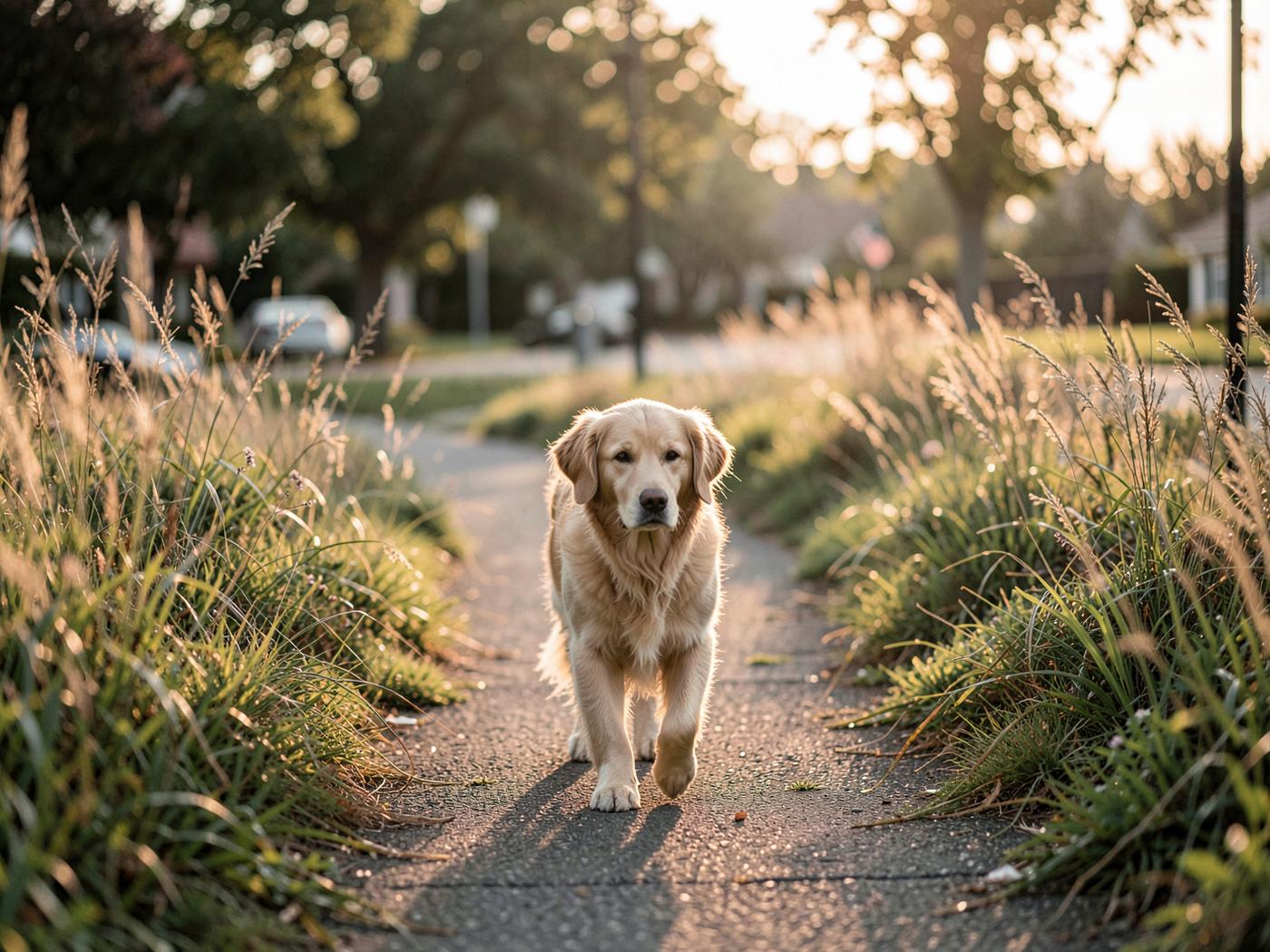 A golden retriever walking a shaded neighborhood trail at sunrise.